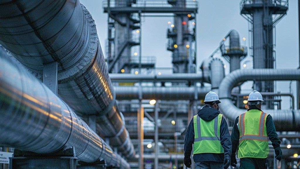 Two workers strolling around a large chemical plant