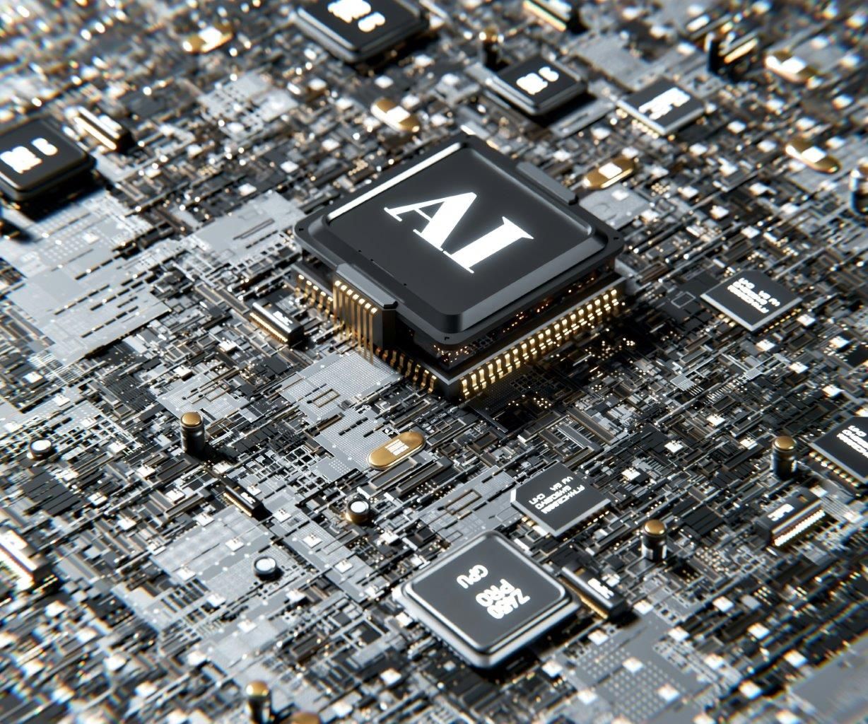 artistic depiction of a computer motherboard with a piece that reads AI