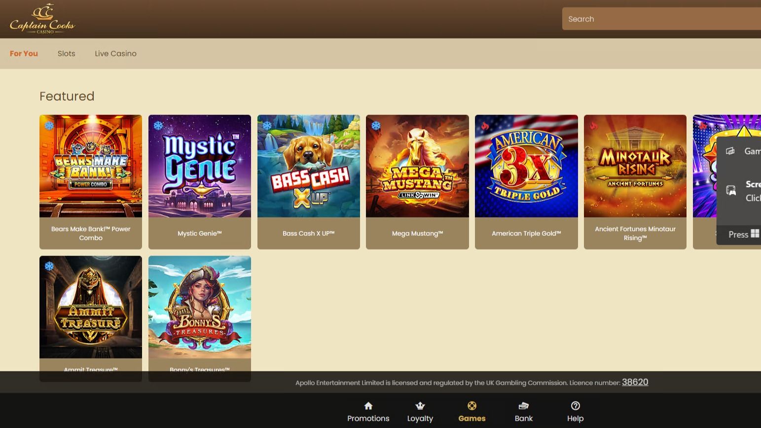 captain cooks casino desktop preview