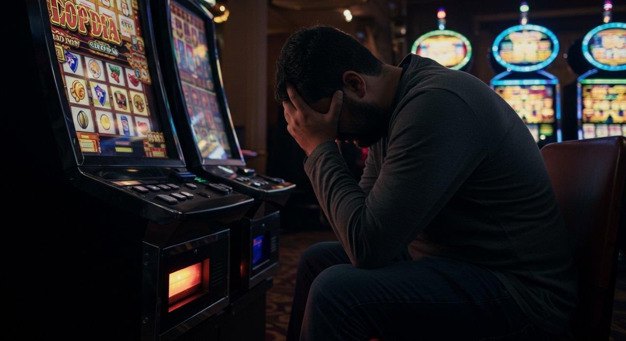 gambling addict upset in front of slot machine