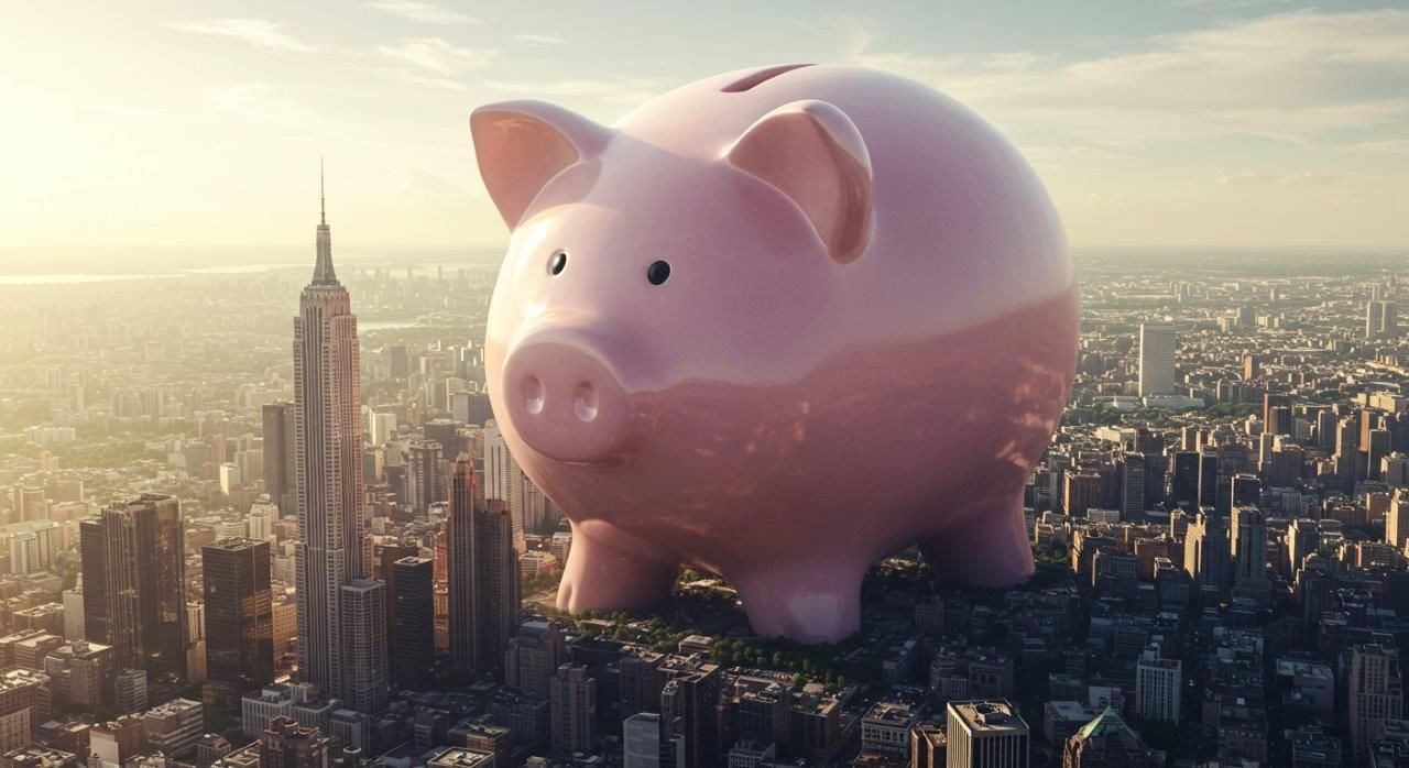 huge piggy bank towering over a city with skyscrapers.jpg