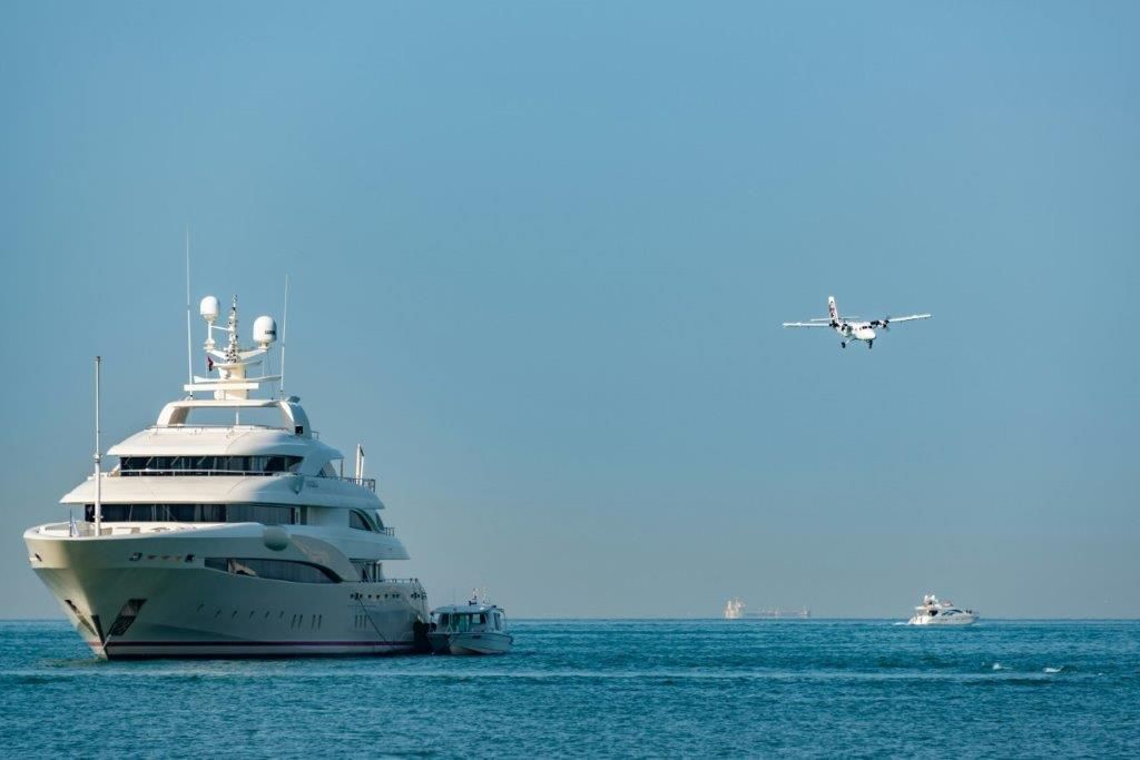 Aerial view of a superyacht at sea