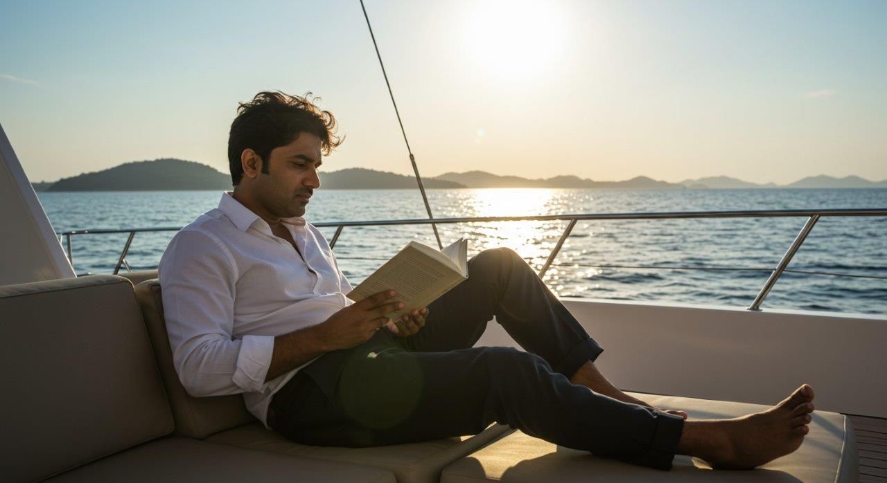 rich man reading on yacht