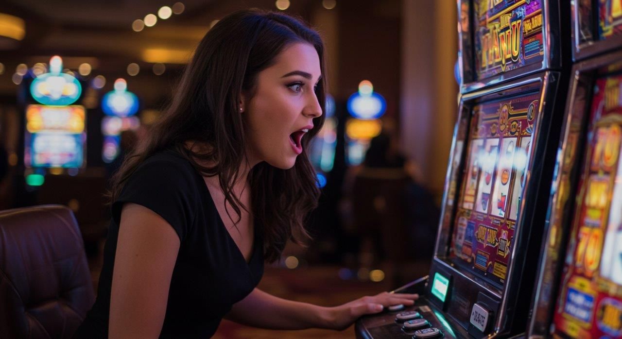 woman shocked at slot machine jackpot win